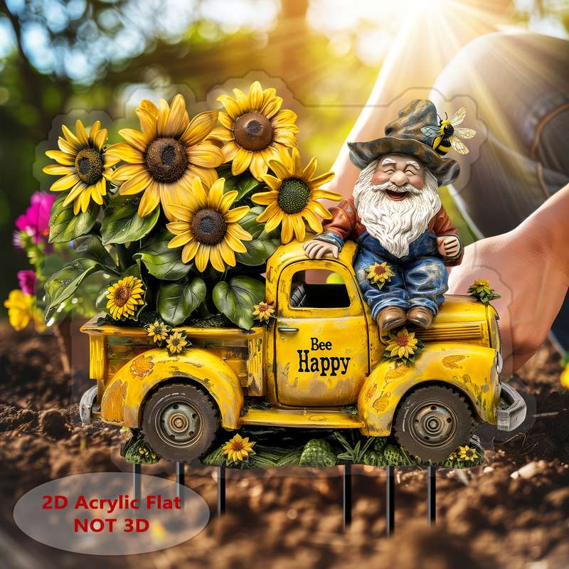 1pc 2D Flat  Acrylic Bee Dwarf Old-Fashioned Male Truck Garden Stake Acrylic Flowerpot Landscape Si