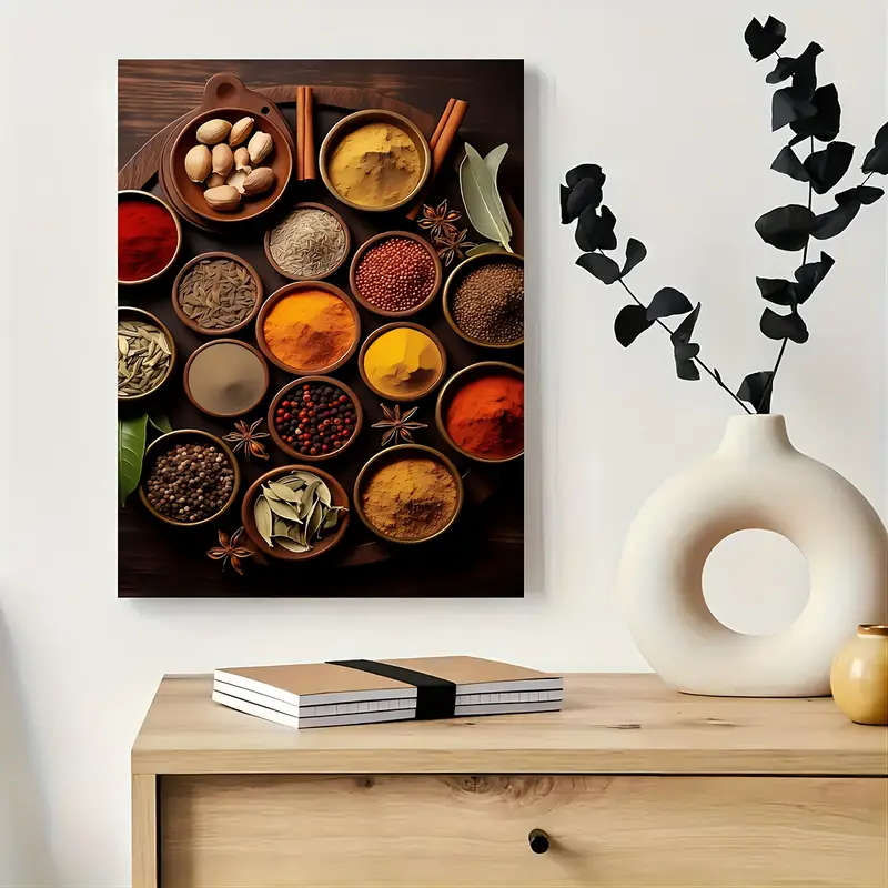 1pc Colorful Spices Farmhouse Kitchen Wall Art Wooden Framed Canvas Print for Home Office Decor Perf