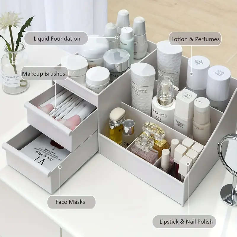 1pc Plastic Cosmetic Organizer with Drawers Lightweight Countertop Makeup Storage Holder for Lipstic