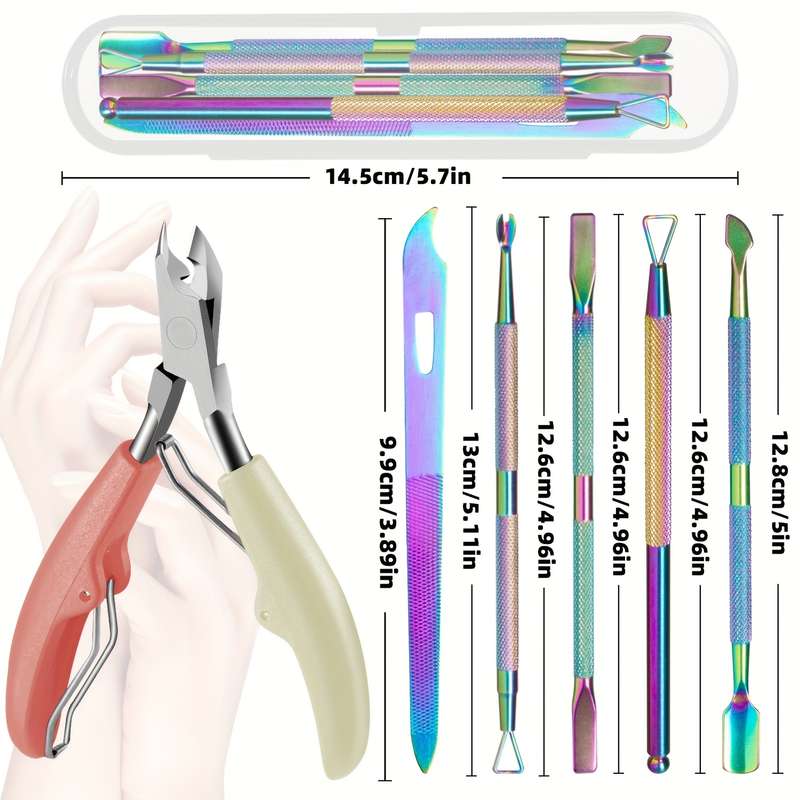 6pcs Professional Nail Care Set Stainless Steel Cuticle Scissors Slanted Clippers Dead Ligh