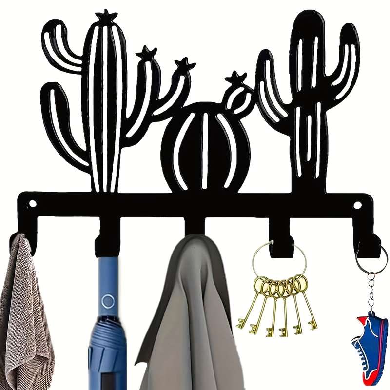 1pc Cactus Metal Wall Art Coat  Hat Hook Rack with 5 HooksEasy Install Contemporary Wrought Iro