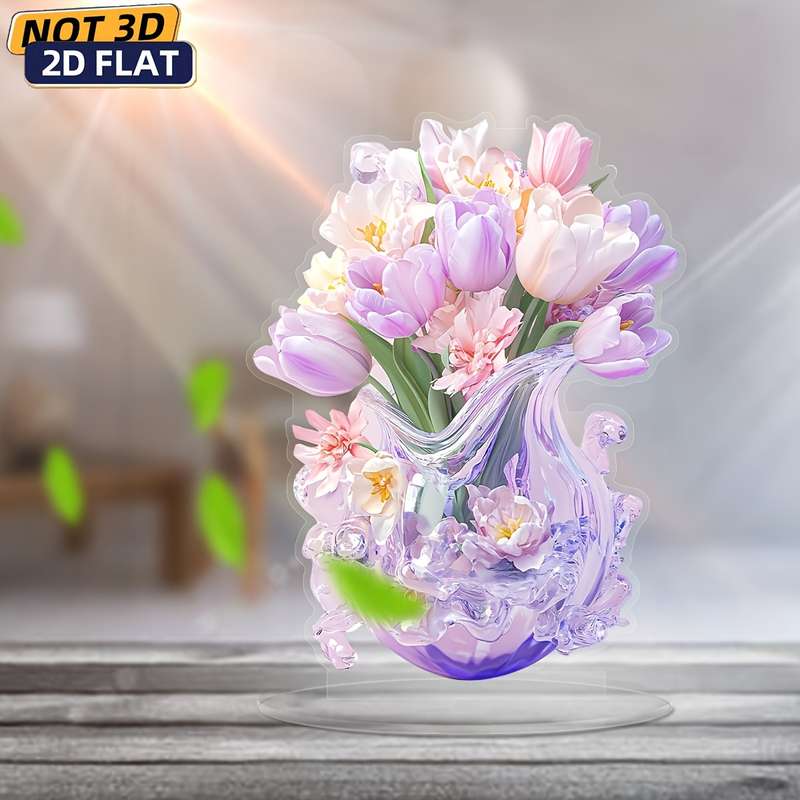 1pc 2D Flat  1 Bohemian Acrylic Tulip Vase with Display Stand Office Desk and Living Room Desktop F