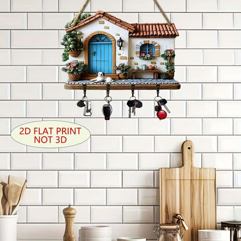 Charming Dog House Wooden Key Rack with 4 Metal Hooks Easy Wall Mount Decorative Entryway  Hallw