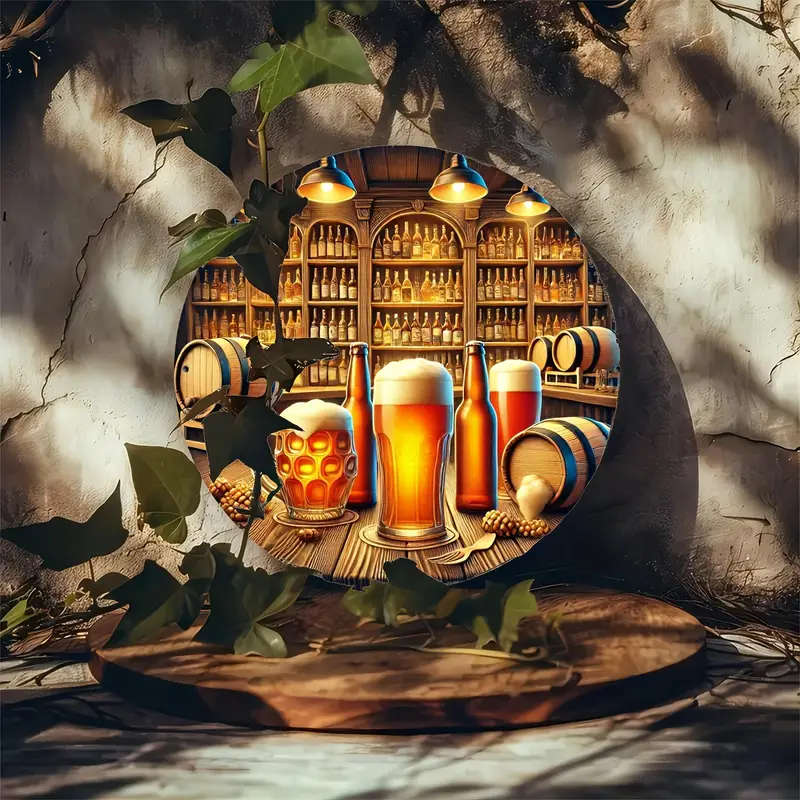 1pc Aluminum Beer Bar Scene Round Sign 20cm Foiled Engraving Art with Frothy Mugs for Home Office Pa
