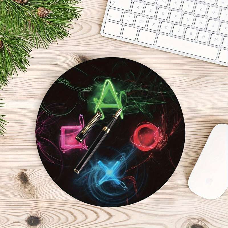 1pc Round Gaming Controller Button Pattern Mouse Pad Non-Slip Rubber Desk Mat for Office