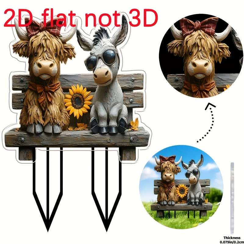 1pc 2D Flat  Country Highland Cow and Donkey Acrylic Garden Stakes Rustic Farmhouse Outdoor Decor