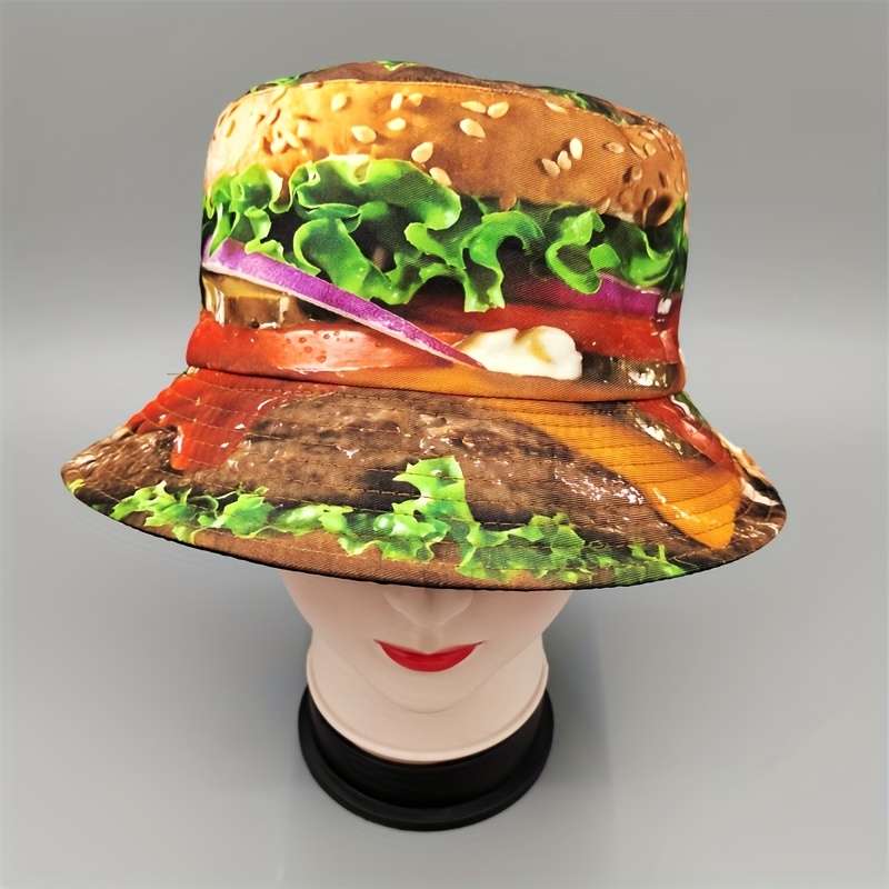 1pc 1pc Novelty Burger Pattern Bucket Hat Cartoon Y2K Style Fisherman Cap Reversible Casual Outd