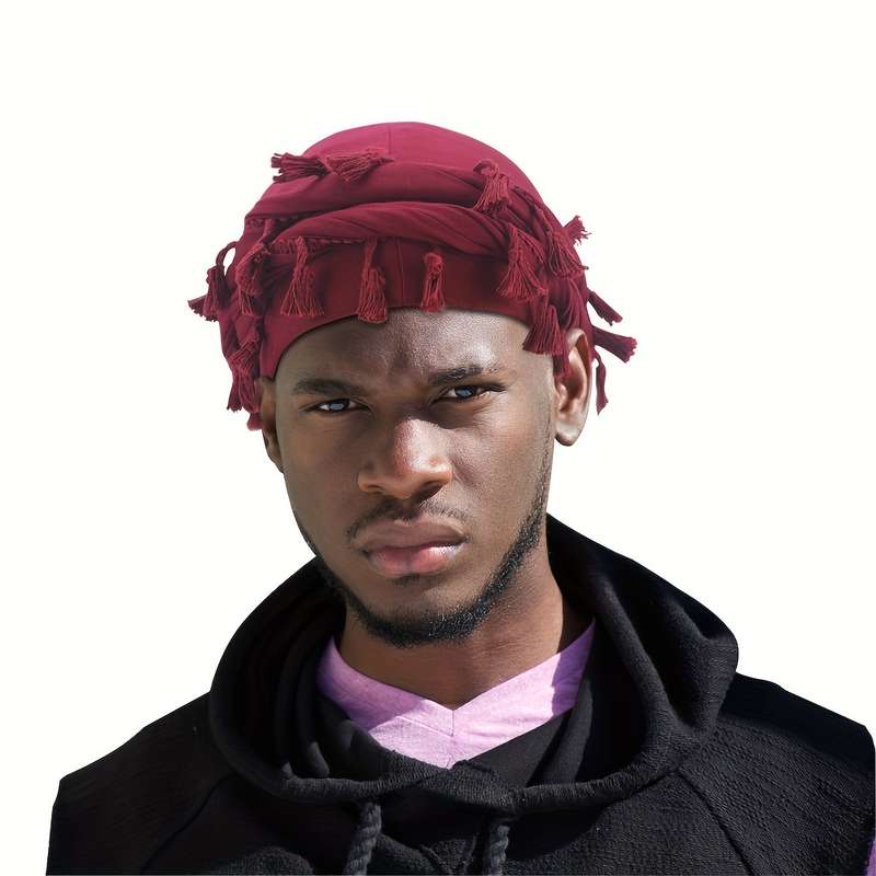 1pc Men's Maroon Tassel Braid Beanie Double Layer Hip Hop Style Soft Satin Lining Breathable Po