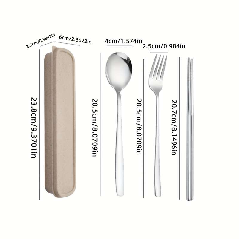 Set Of 4 Stainless Steel Portable Cutlery Including Fork Spoon And Chopsticks With A Reusab