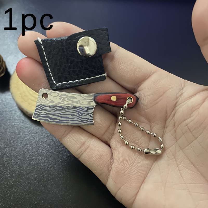 1pc Compact Stainless Steel Mini Knife with Wooden Handle Key Ring Lightweight P