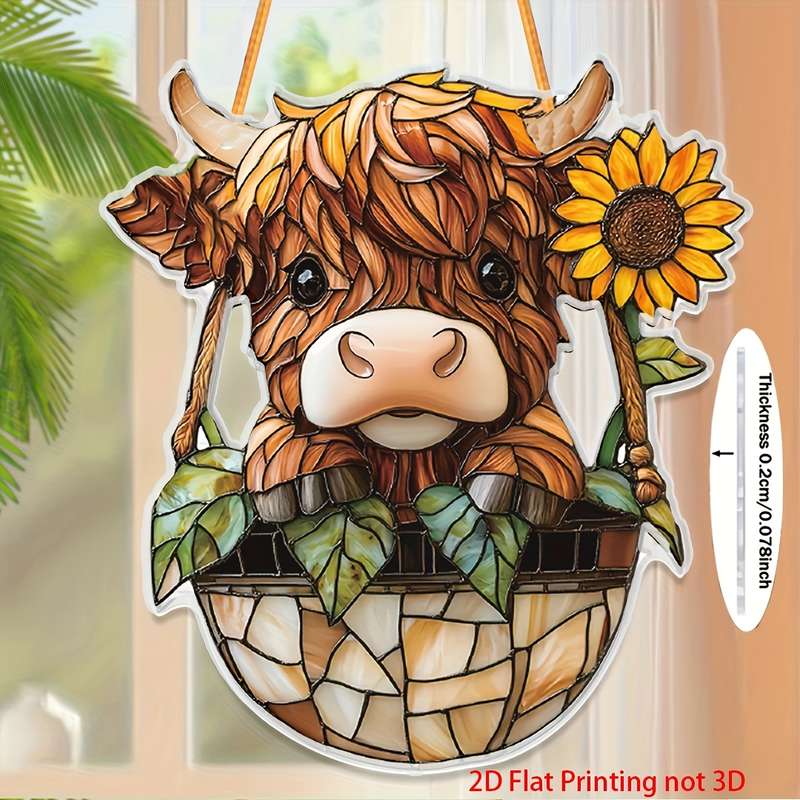 1pc 2D Flat  Highland Cow Acrylic Wall Pediment  Print Farmhouse Window Catchlight 7.1"x8" Ind