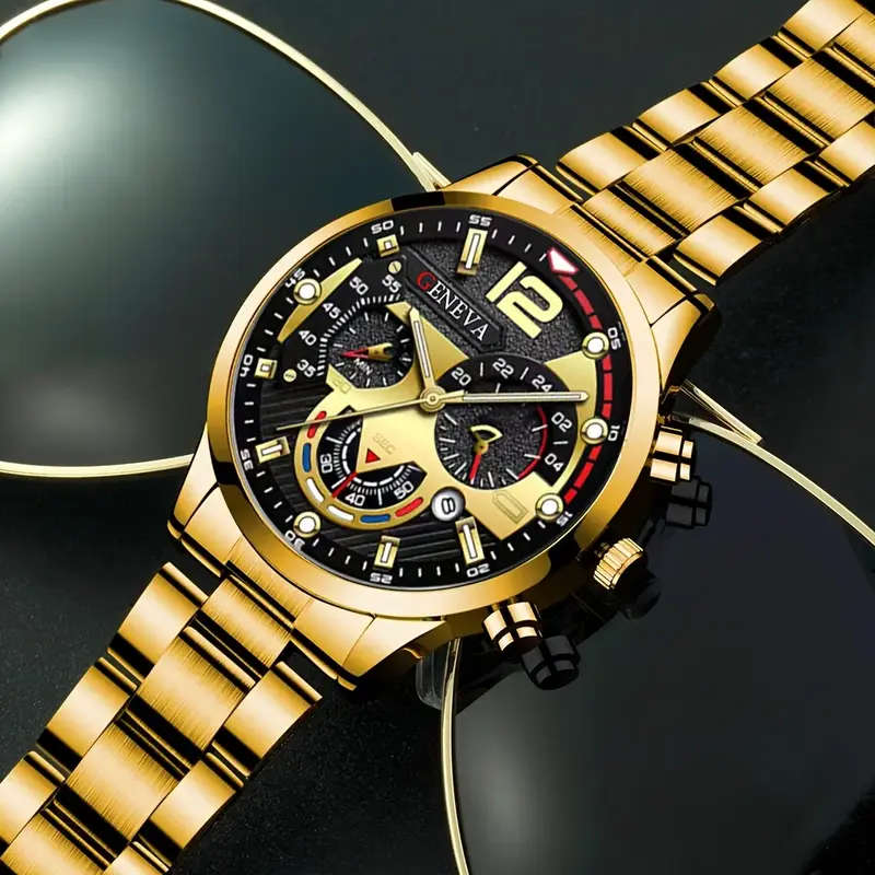 Set Of 4 Pieces Including A Men's Business Casual Calendar Watch A Golden Cross Necklace A Bracelet