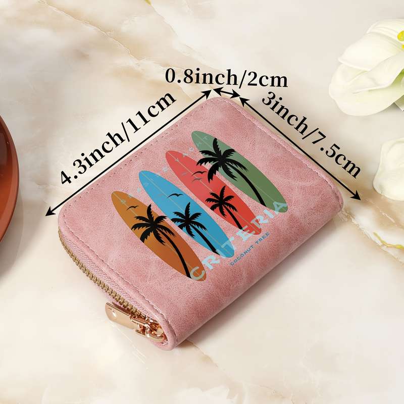 1pc Tropical Print Women's Compact Wallet Stylish Zippered Clutch with Multiple Slots Durable PU