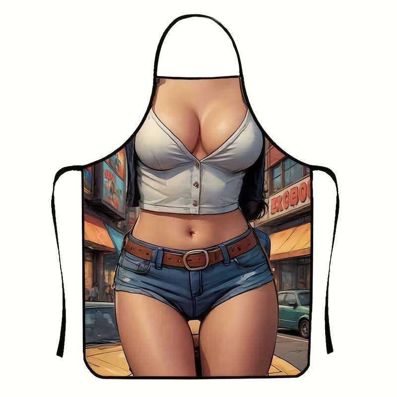 1pc White Denim Vest Print Kitchen Apron for Women Stylish Polyester Fabric with Neck Strap