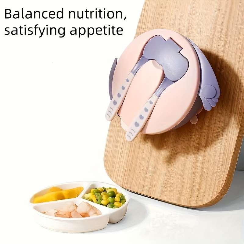6pcs Baby Feeding Set BPA-Free Plastic Silicone Non-Slip Suction 3-Compartment Plate Ute