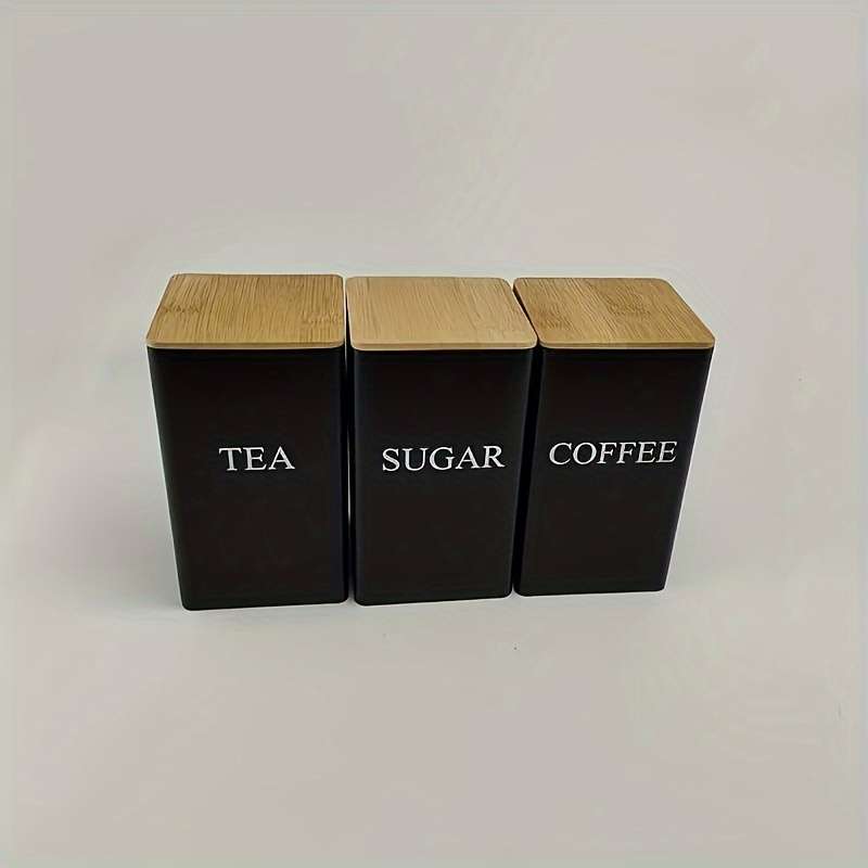 LDQ Set of 3 Iron Kitchen Canisters with Wooden Lids Washable Uncharged Engraved Label Stor