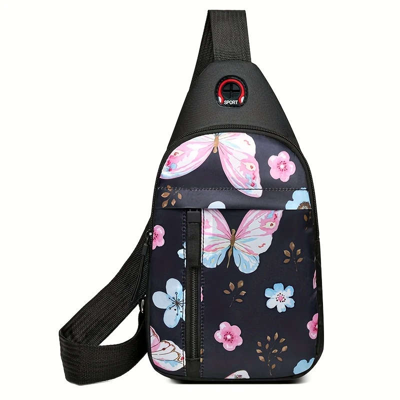 1pc Floral Print Womens Crossbody Sling Bag Versatile Nylon Chest Pack with Adjustable Strap Front