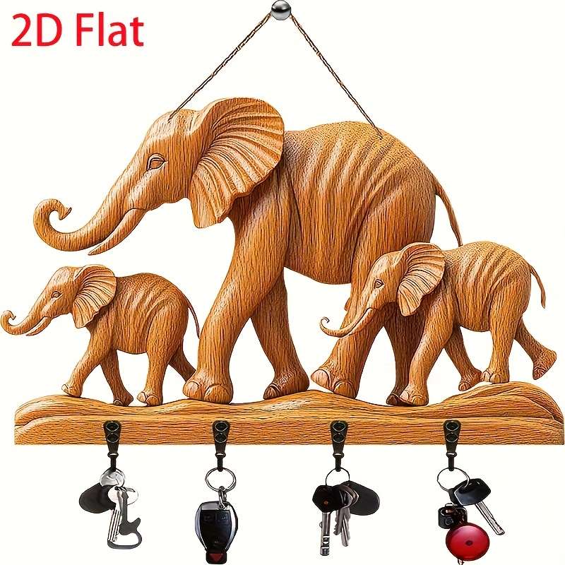1pc Elephant Simple Colorful Wooden Keychain with Four Metal Hooks 30.0cm x 24.99cm 2D Farmhouse