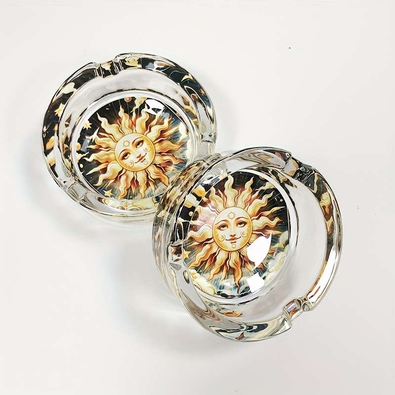 1pc Elegant Sun Moon Design Glass Ashtray Round Stained Glass Artwork with Golden Sun Tranqu