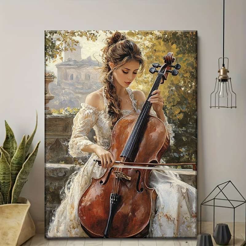 1pc Elegant Cello Player Canvas Art Print with Wood Frame Large Contemporary Musician Wall Decor