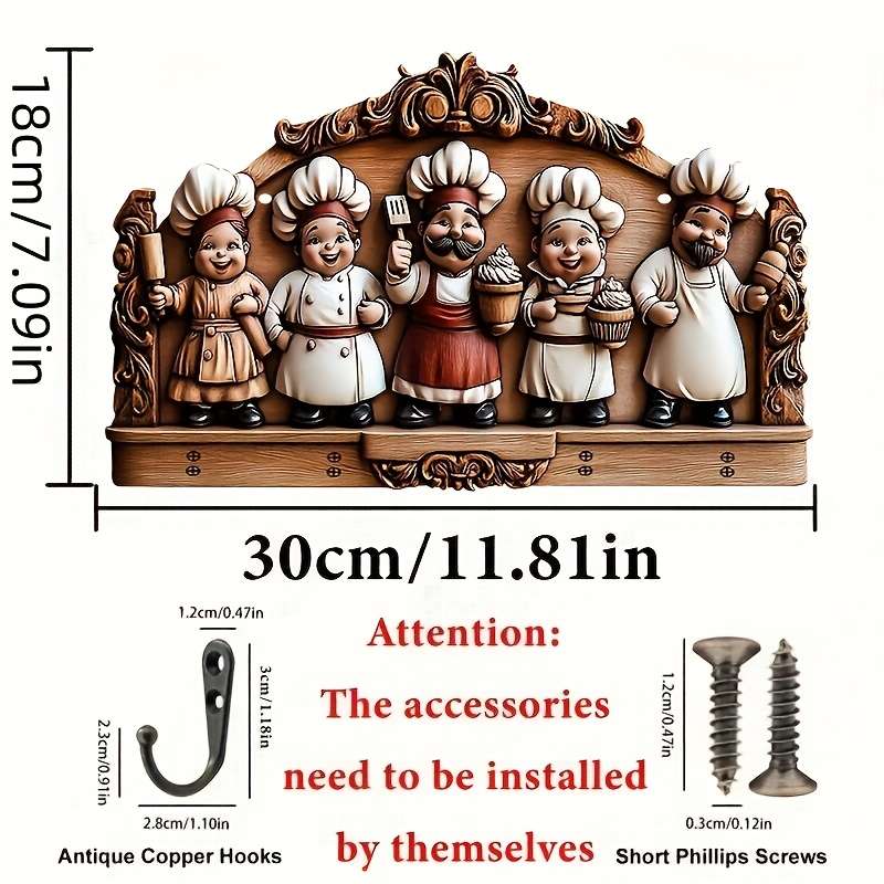 1pc Happy Chef Family Wooden Key HolderVintage Style Wall-Mounted Decor with Four Metal Hooks 2D