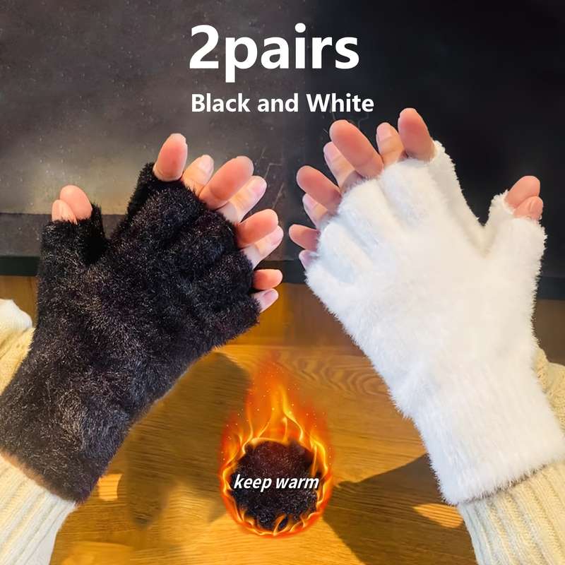 1 Pair Black White One Size Warm Gloves