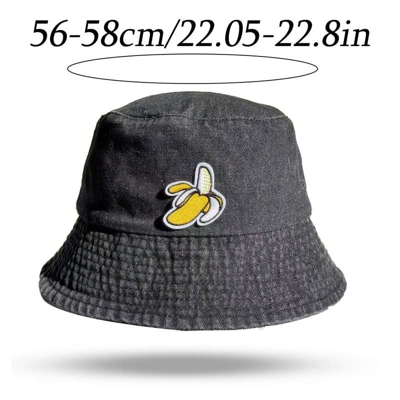 1pc Unisex Embroidered Banana Bucket Hat 100% Polyester Denim Fisherman Cap Soft Washed Fabri
