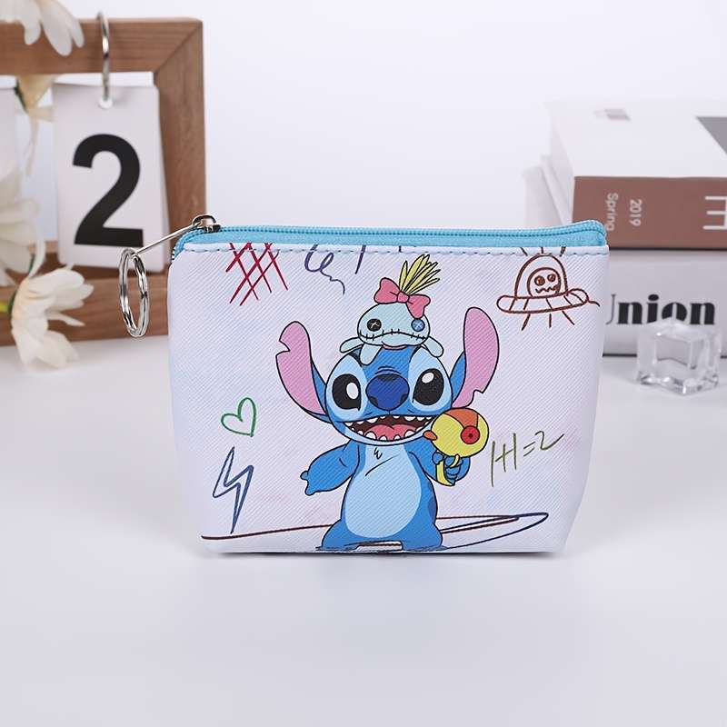 1pc Stitch Mini Wallet Cute Cartoon Coin Purse with Keyring Portable Card Holder Elegant Faux L