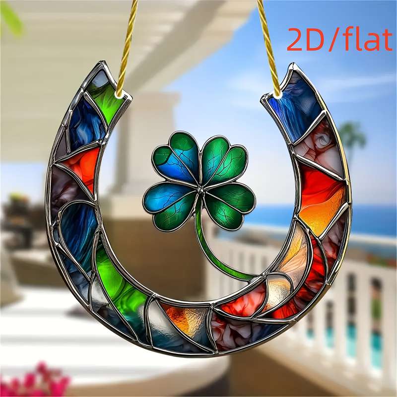 1pc 2D Flat   Flat  Acrylic Sun Catcher Lucky Horse Four-Leaf Clover Design Vibrant Stain