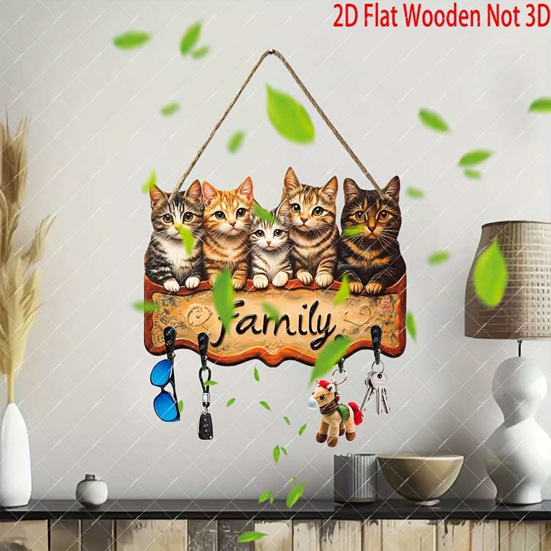 1pc Rustic Wooden "Family" Key Holder with Charming Cat IllustrationsBohemian Style Wall-Mounted