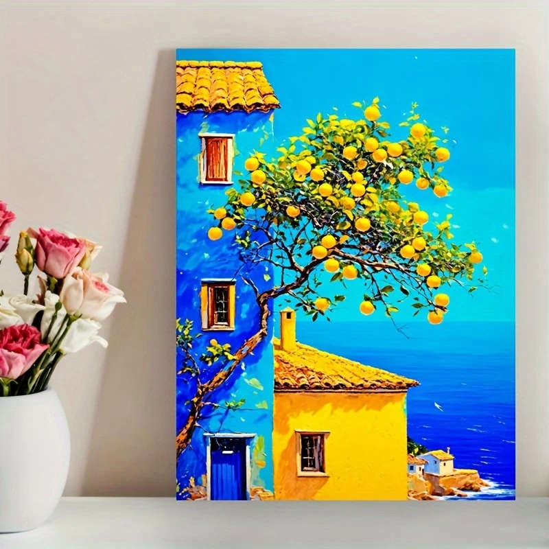 1pc Vibrant Mediterranean Landscape Canvas Print 30.48x40.64cm Artistic House and Fruit Tree Poster