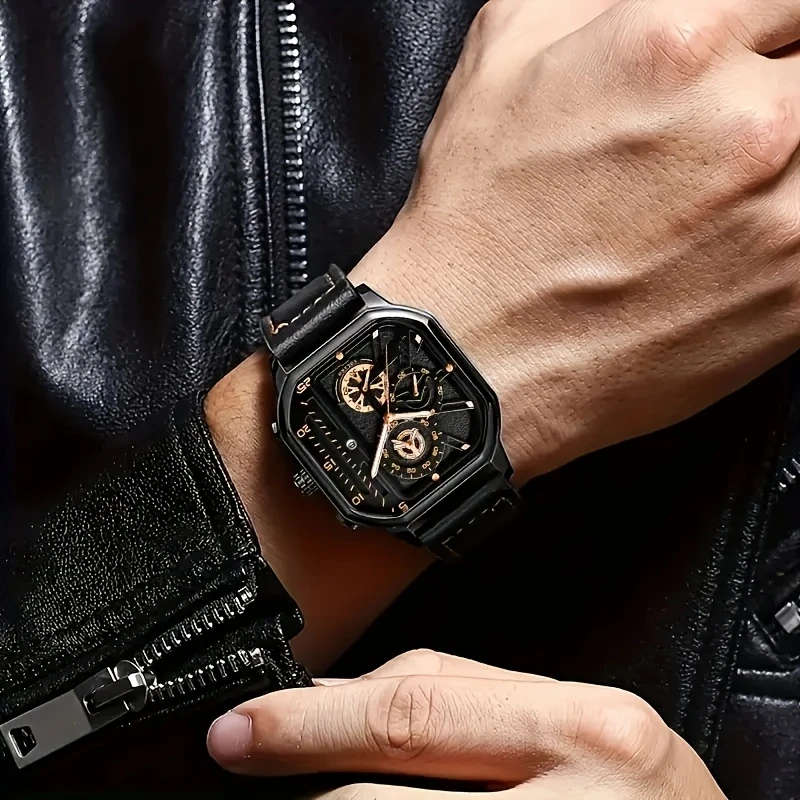 1pc Men'S Vintage Sports Chronograph Watch Large Square Dial Faux Leather Strap Quartz Movement Cale