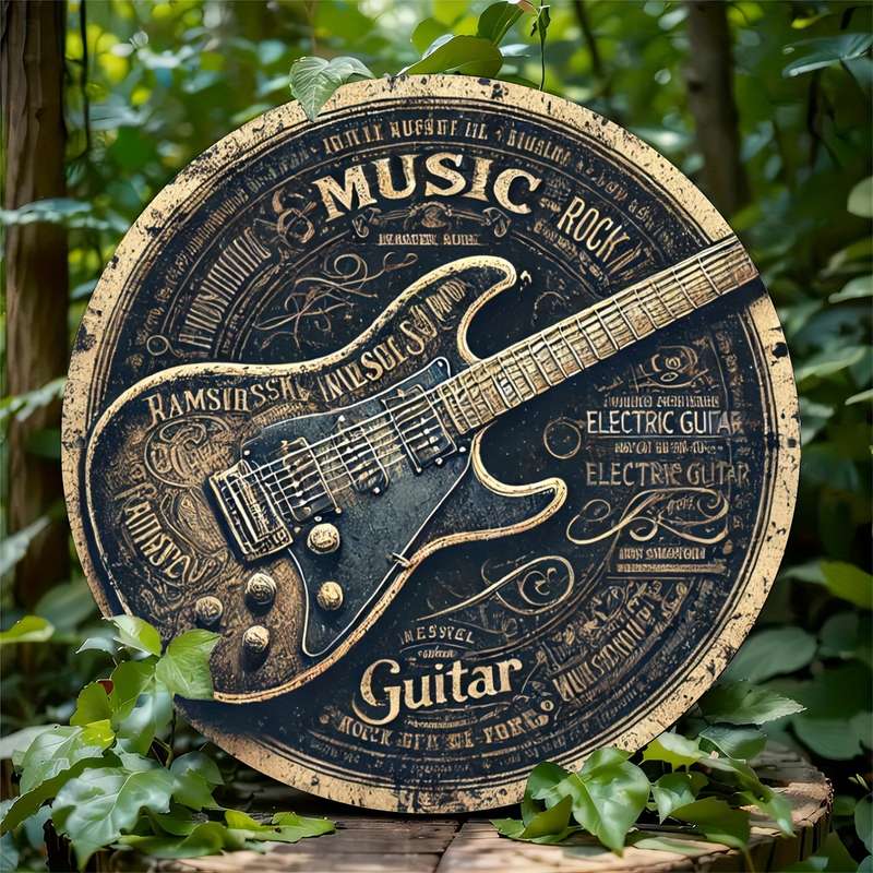 1pc Vintage Round Aluminum Tin Sign with Guitar Design 1 Piece Foil Engraved Metal Signage Durab