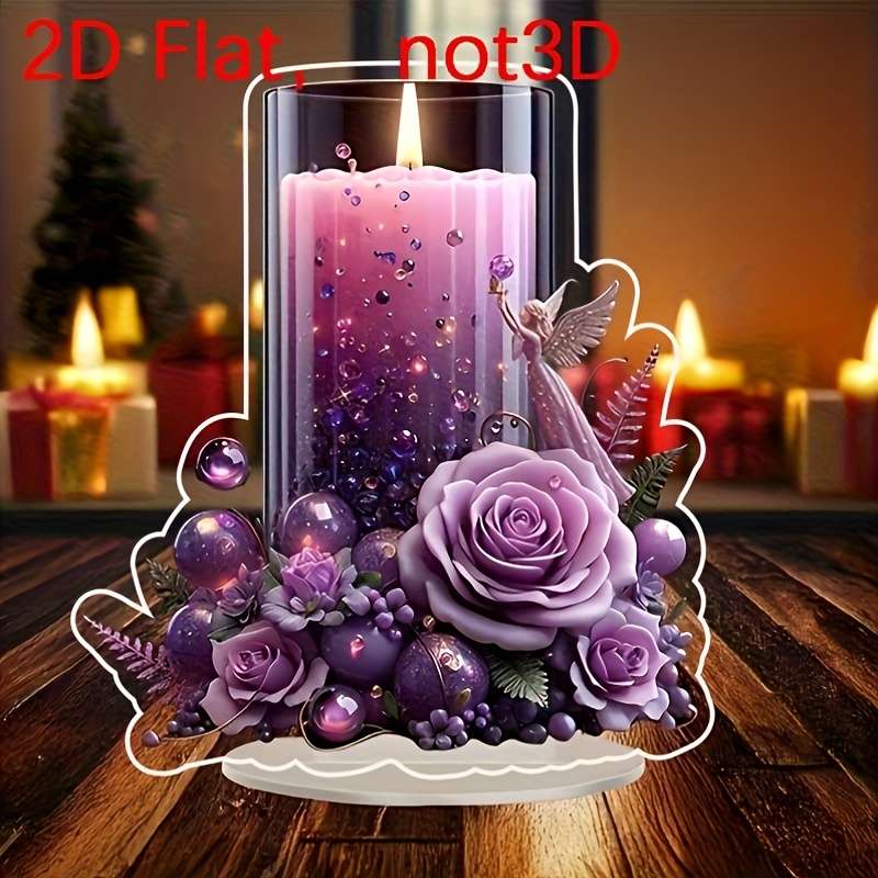 1pc 2D Flat  Purple Acrylic Candle Decor with Angel Roses Romantic  Design for Home Offi