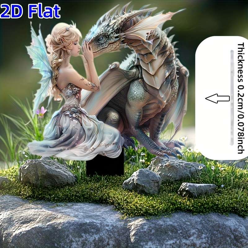 1pc 2D Flat   Charming Fairy and Dragon Garden Stakes Weatherproof Acrylic Outdoor Decor