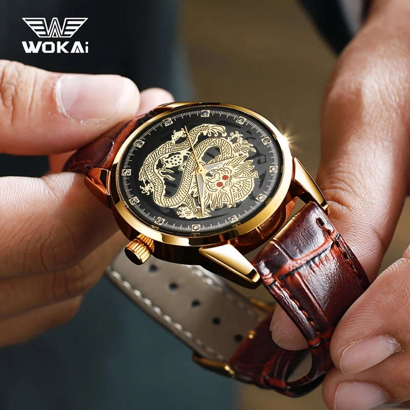 1pc Men's Dragon Zodiac Quartz Watch Classic Style with World Time Faux Leather Strap Battery Operat