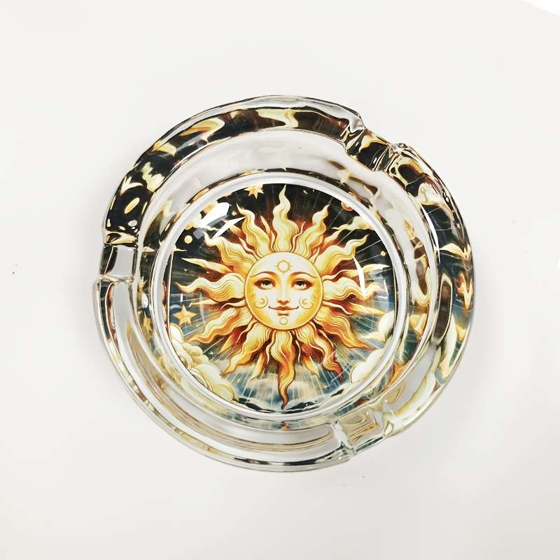 1pc Elegant Sun Moon Design Glass Ashtray Round Stained Glass Artwork with Golden Sun Tranqu