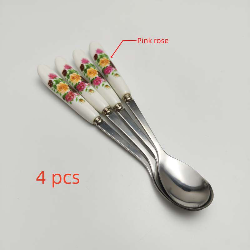 4pcs Stainless Steel Coffee Spoons with Ceramic Floral Handles Ideal for Desserts Cakes and