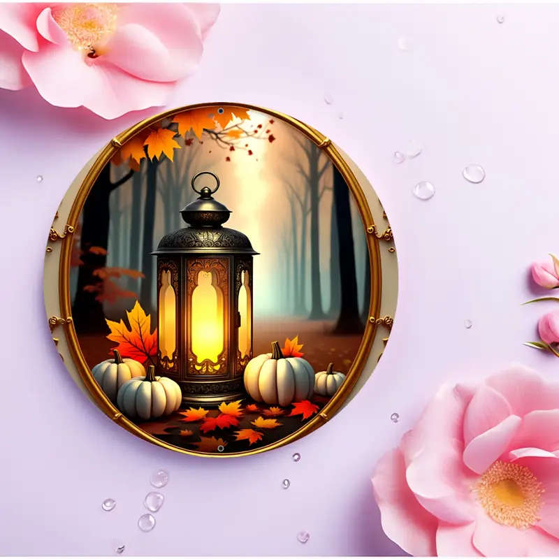 1pc Rustic Lantern Pumpkin Design Aluminum Wall Sign 19.99 cm Round Safe Rounded Corners Easy Instal