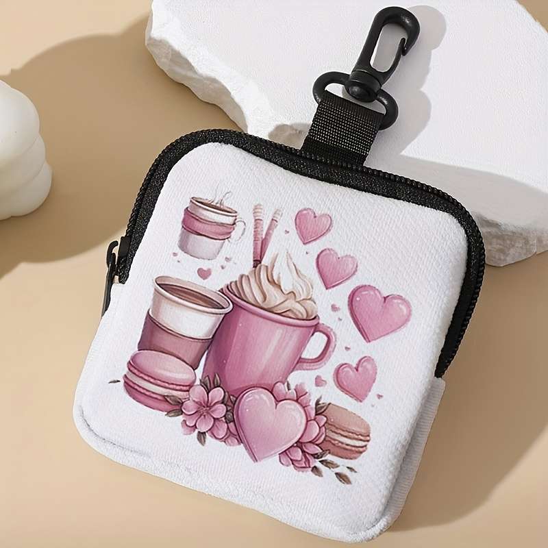 1pc Charming Pink Coffee Heart Pattern Mini Wallet Portable Organizer for Keys Cards Small I