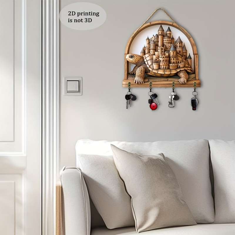 A 2D Artwork Featuring a Turtle And a Beautiful Castle a Minimalist Colorful Wooden Key Holder with