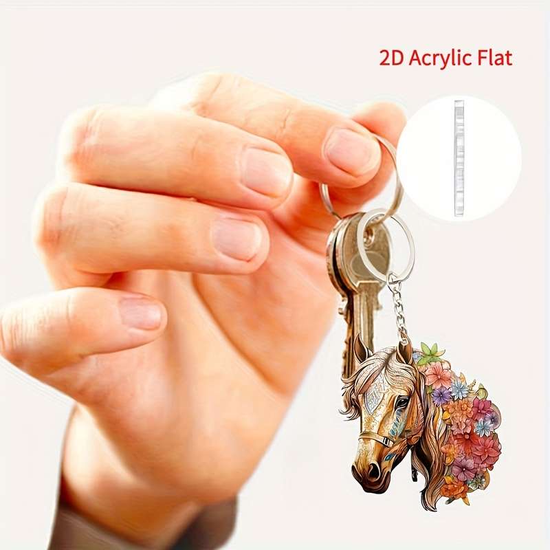 1pc 2D Flat  Acrylic Horse Keychain with Vibrant Floral Design Durable Fashion Backpack Pendant Ch
