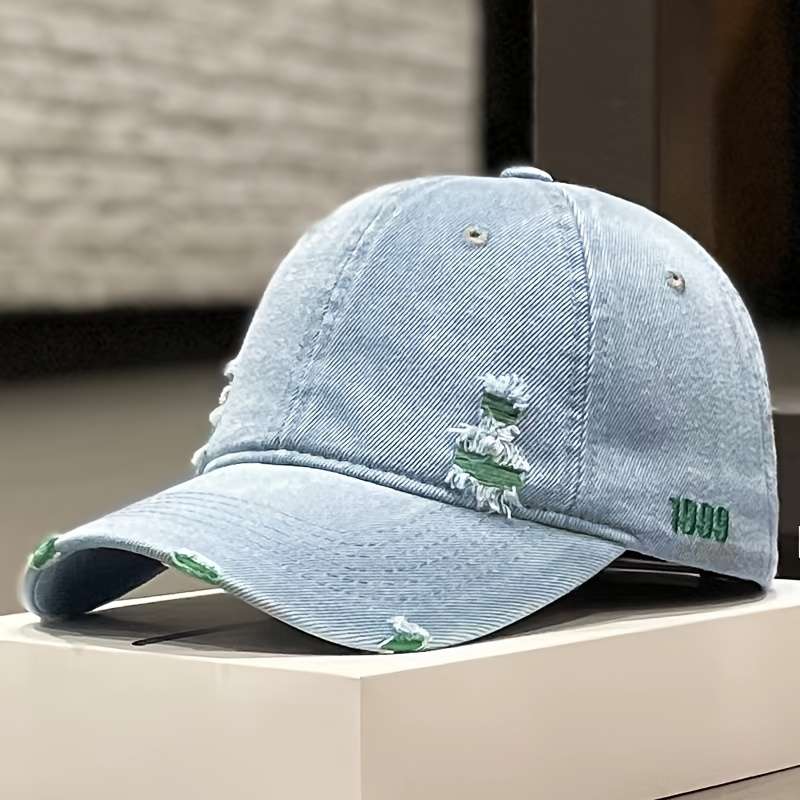 1pc Unisex Denim Baseball Cap 1999 Distressed Embroidery Lightweight Adjustable Button Closure