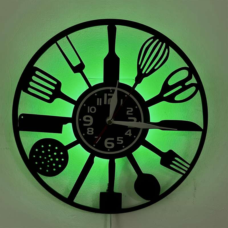 1pc Vintage Kitchen 7 Color LED Lights Vinyl Wall Clock Silent Round Clock with Utensil Design U