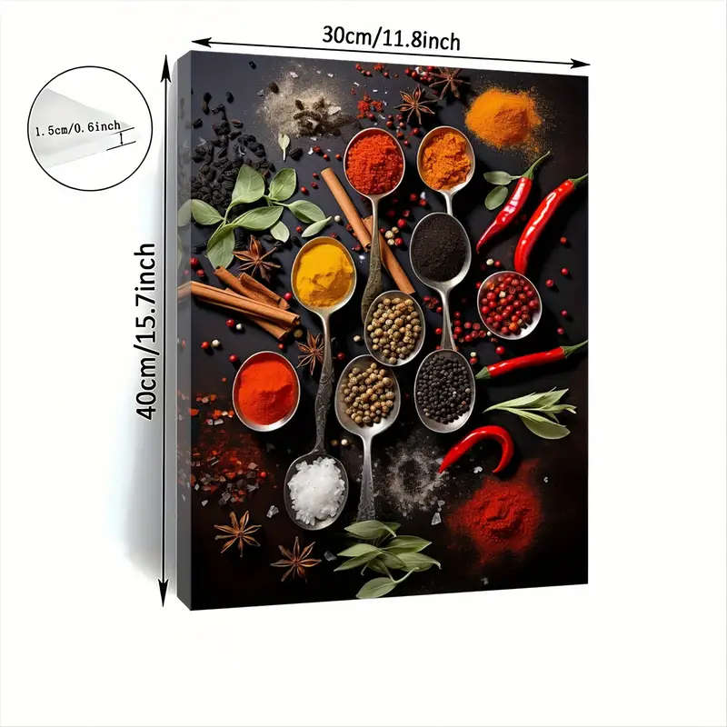 1pc Colorful Cooking Spices Canvas Wall Art Wooden Framed Print for Kitchen Living Room Bedroom Deco