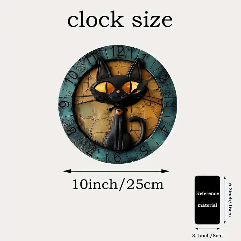 1pc Black Cat Silent Wall Clock Digital Wood Display Round Shape AA Battery Operated Non-Ticking Dec