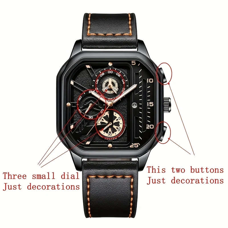 1pc Men'S Vintage Sports Chronograph Watch Large Square Dial Faux Leather Strap Quartz Movement Cale