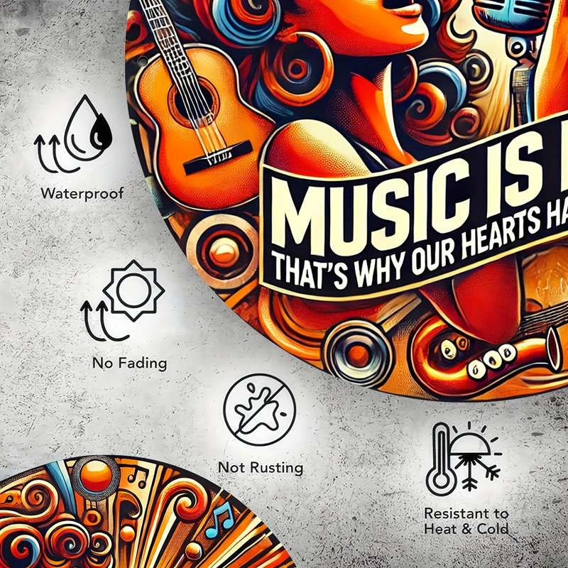 1pc  Vintage Music Is Life Round Aluminum Wall Art Sign 20.32x20.32cm Durable Easy-to-Hang