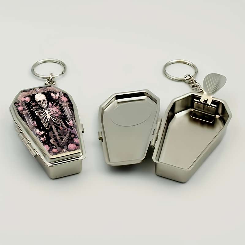 1pc Halloween Rose Colored Coffin Shaped Pocket Ashtray Keychain Portable Mini Ashtray with Li
