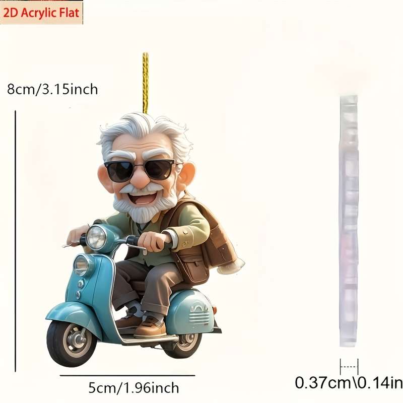 1pc 2D Flat  Acrylic Car Hanging Ornament Happy Grandpa Riding Scooter Ideal for Rearview Mirror
